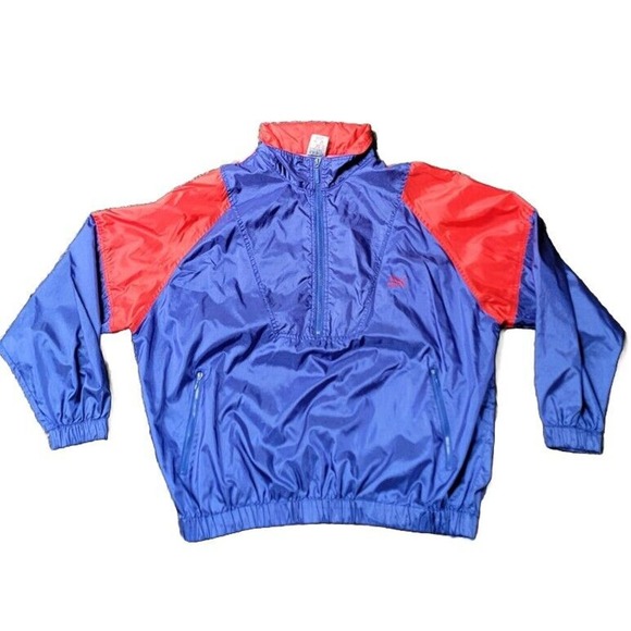 Vintage Puma Nylon Rain Jacket Mens XL Blue Red Hooded Vented Running 1/4 Zip - Picture 1 of 9